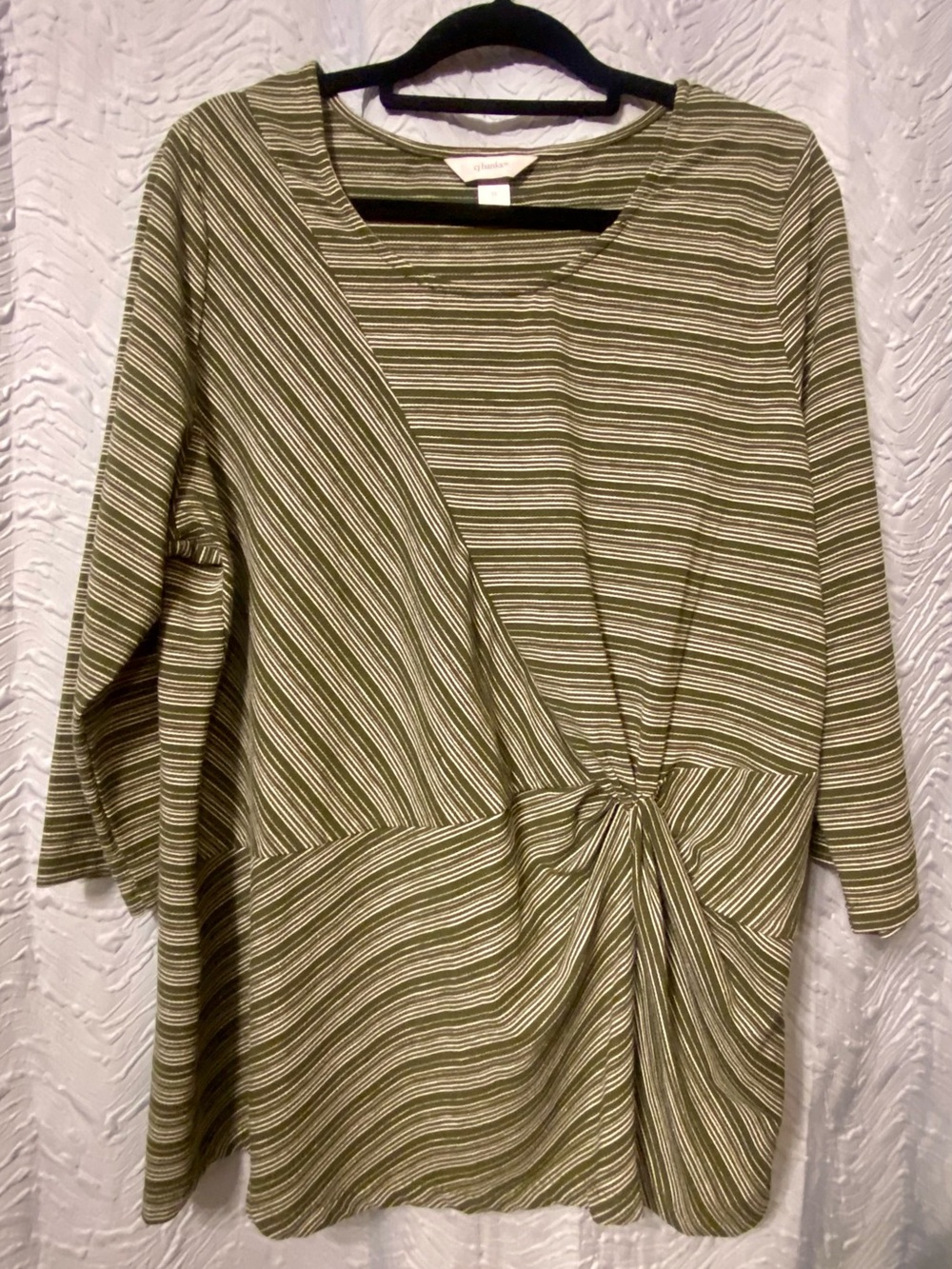 CJ Banks Olive and Cream Striped Twist-Front Tunic